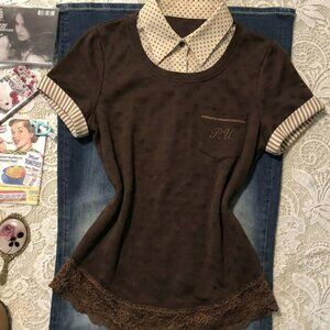 Brown Lace Splice Lapel Slim Casual All-Match Short Sleeve T-Shirt For Women